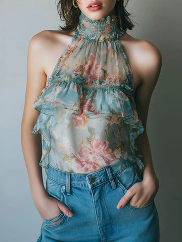 Pastel Blue High-Neck Floral Ruffled Chiffon Halter Blouse