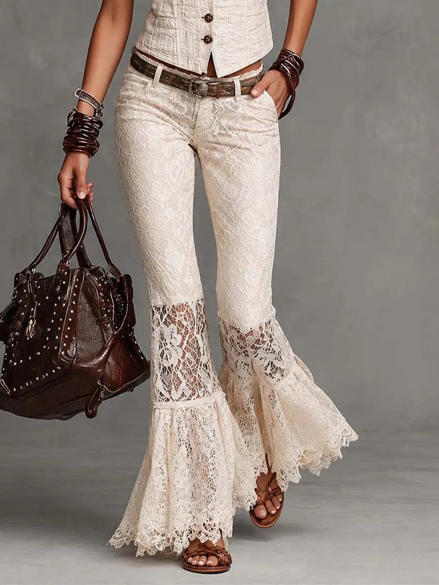 Ensemble gilet boutonné en coton froissé et pantalon légèrement évasé en dentelle