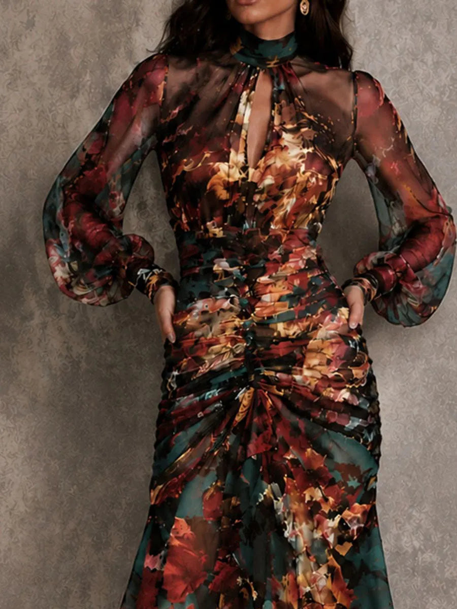 Robe midi vintage en mousseline florale avec décolleté en trou de serrure et détails froncés, coupe asymétrique