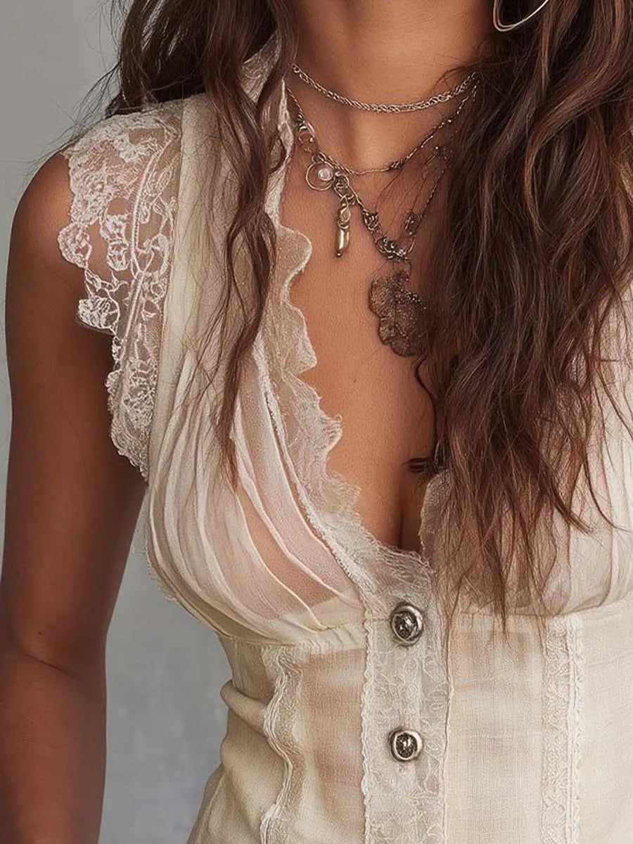 Haut bustier amincissant froncé sans manches à volants, bordure en dentelle et boutonnage sur le devant