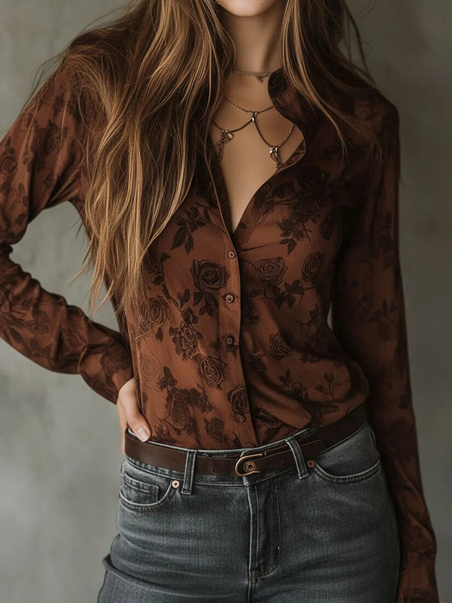 Chemise boutonnée marron à motif rose vintage