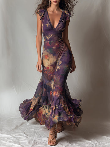 Vestido Maxi Decote V Com Babado Monet Garden