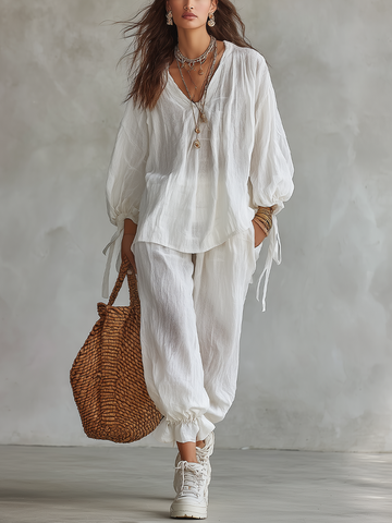 Conjunto de Blusa Texturizada Decote V e Calça Macia Branco Relaxado