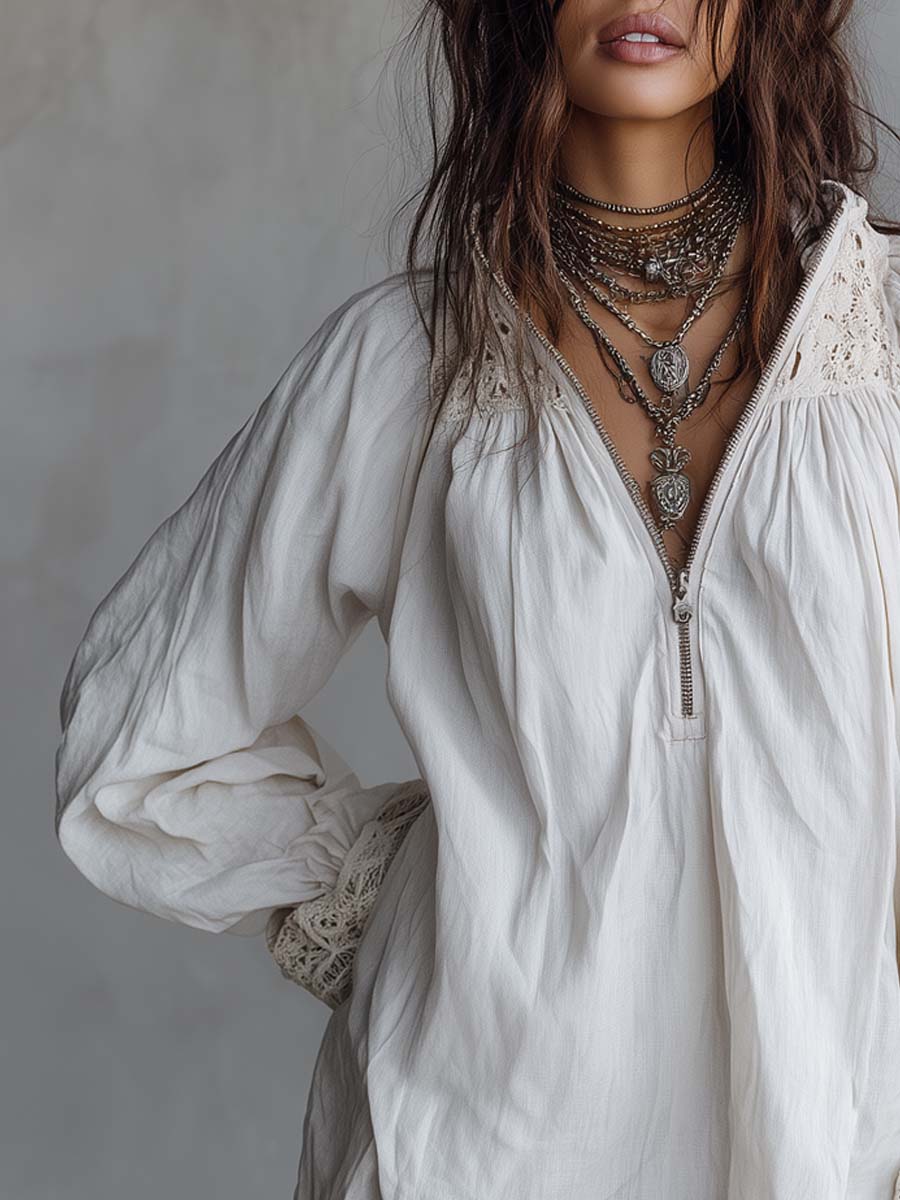 Mini-robe blanche zippée à col et dentelle style vintage