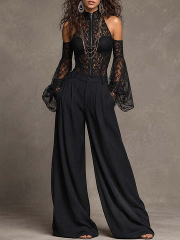 Off Shoulder Bell Sleeve Full Zip High Neck Lace Corset Waist Wide Leg Jumpsuit