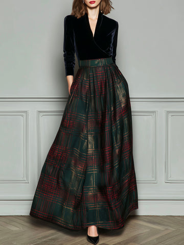 Vestido de Festa Elegante de Veludo Xadrez de Cintura Alta Com Saia Rodada