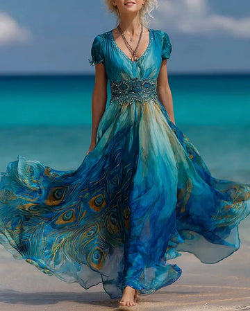 Robe d'été Ombrée en Dentelle Perle Turquoise à Imprimé Plumes de Paon 099e