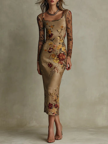 Vestido Midi Vintage Floral de Cetim e Manga de Renda Transparente