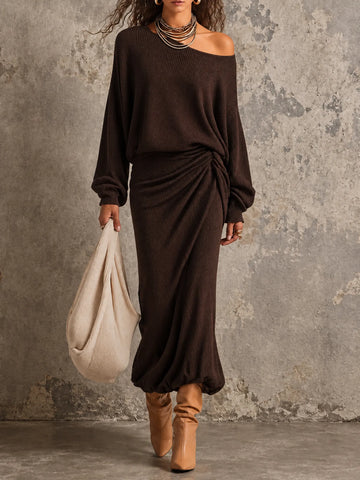 Vestido Midi Drapeado de Malha Canelada Vintage com Manga Morcego de Um Ombro Só