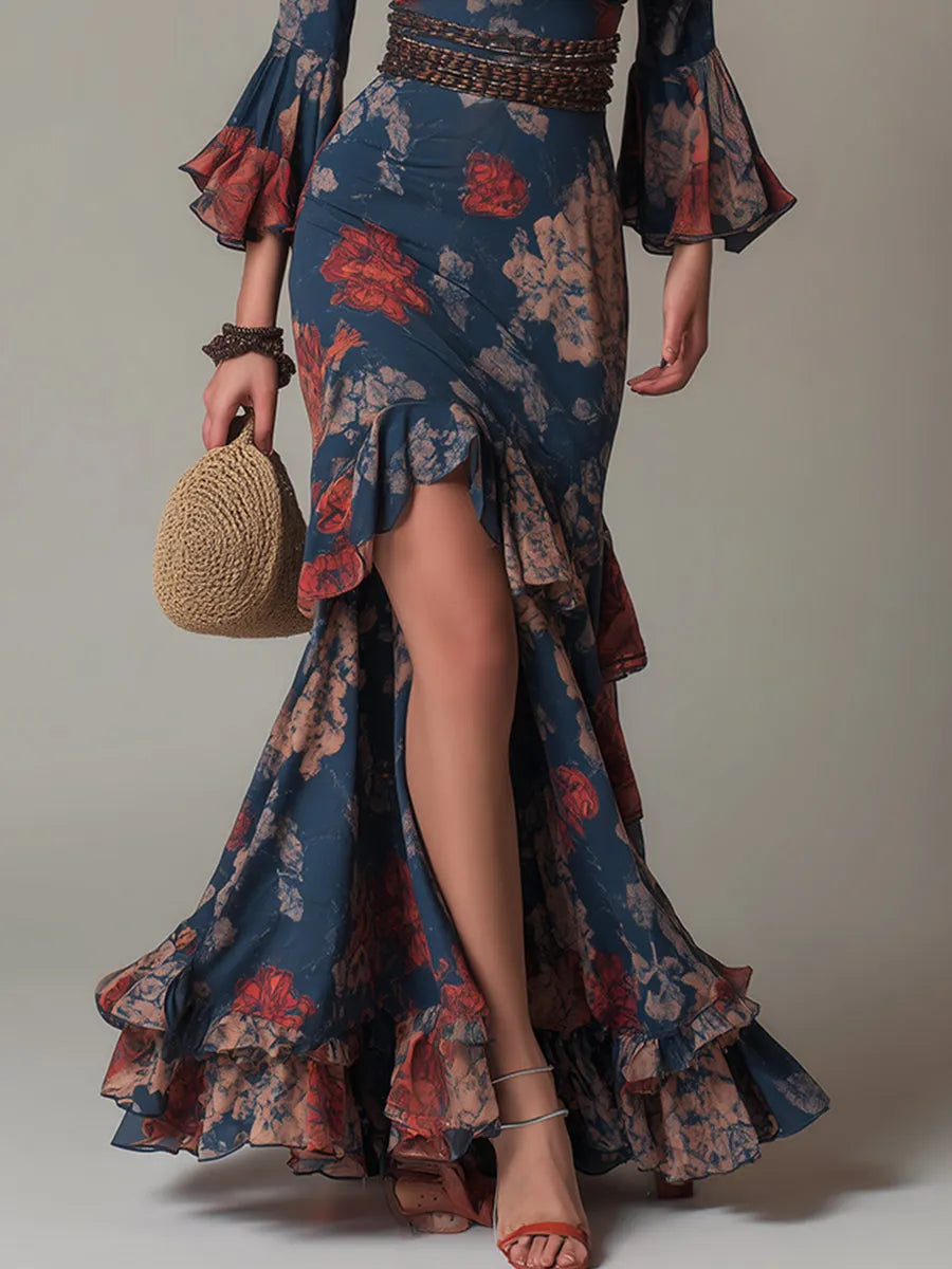Vintage Floral Print Ruffle Trim High-low Maxi Dress