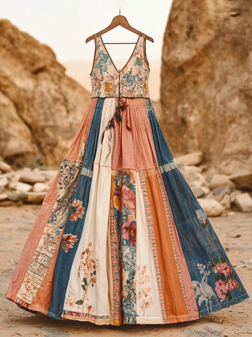 Vestito da donna scollo a V in cotone e lino con applicazioni floreali bohémien vintage e666