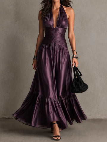 Vestido Maxi Halter em Cetim Profundo Ameixa Retrô Elegante com Cintura Drapeada