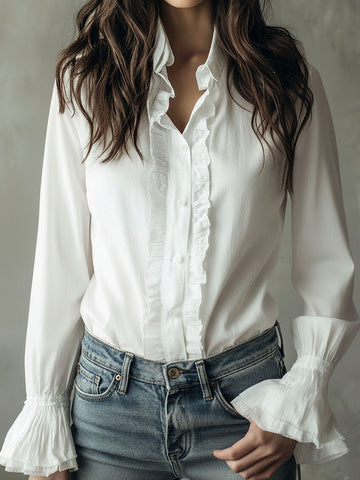 Camisa Elegante de Manga Comprida com Babados e Punhos Evasê