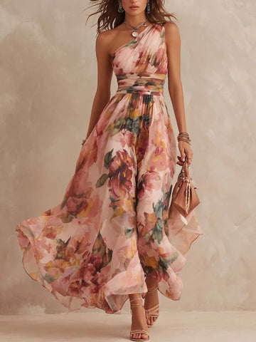 Vestido Midi de Chiffon Floral Estilo Pintura a Óleo Retrô de Um Ombro Só