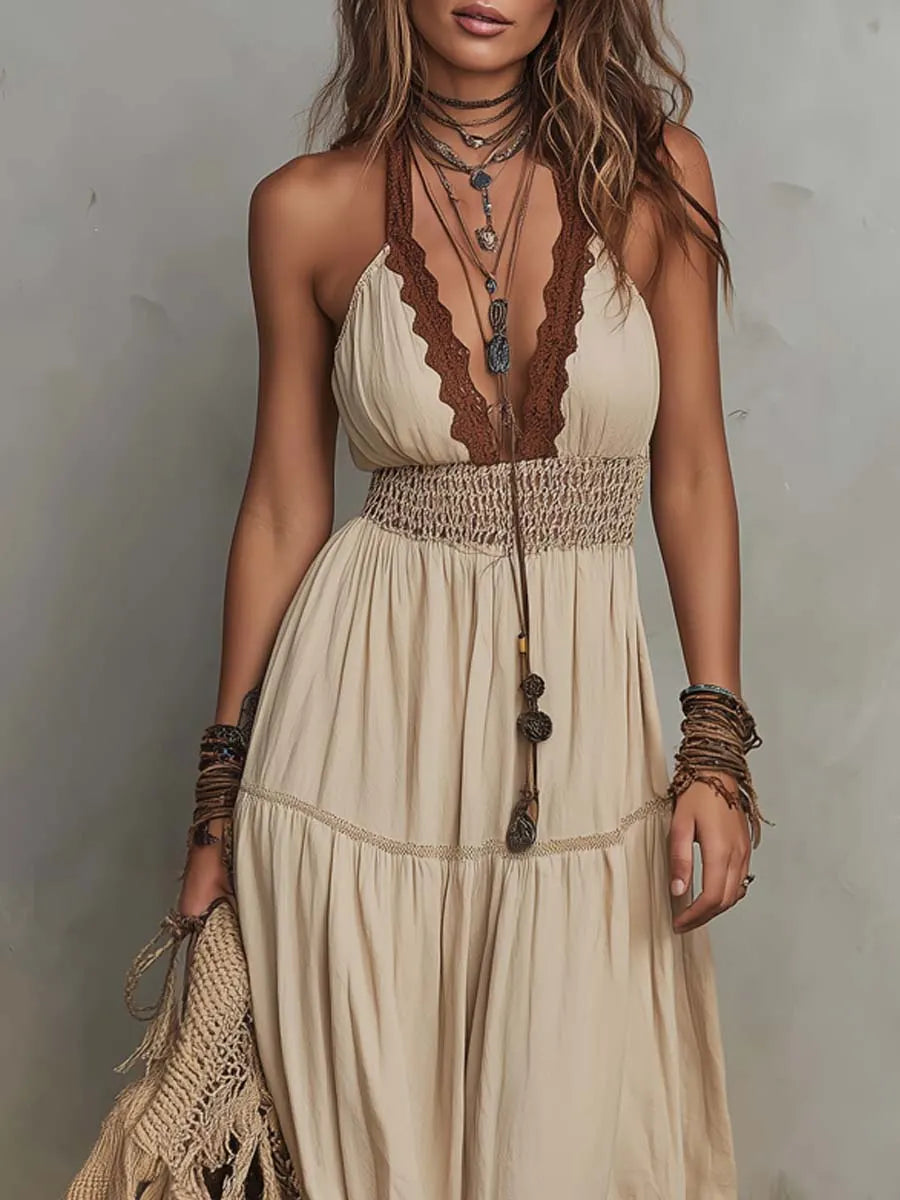 Vestito lungo in cotone-lino retrò con scollo all'americana e pizzo a contrasto