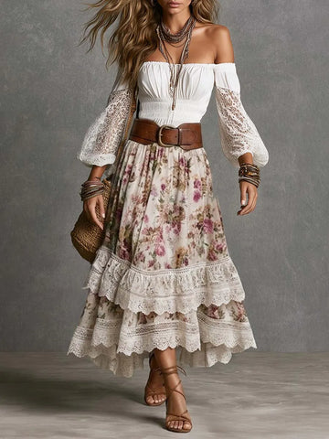 Conjunto Blusa Ciganinha de Renda e Saia Midi Floral em Camadas