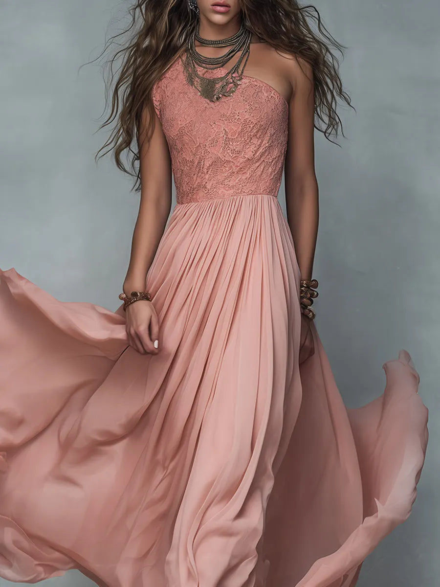 Boho One-Shoulder Lace-Paneled Pleated A-Line Maxi Dress
