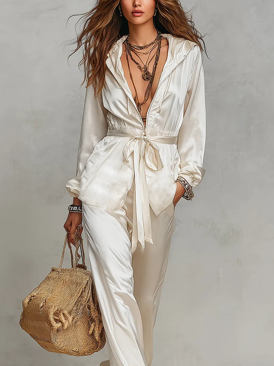 Elegant White Satin Belted Hooded Tracksuit