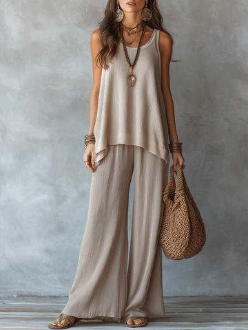 Conjunto Boho Sem Manga com Textura e Calça Pantalona