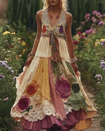 Vestido de Linho Confortável com Bordado Floral e Renda e6eb