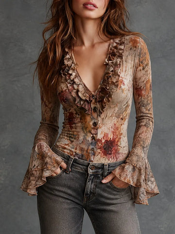 Blusa Boho Floral com Babados e Manga Sino