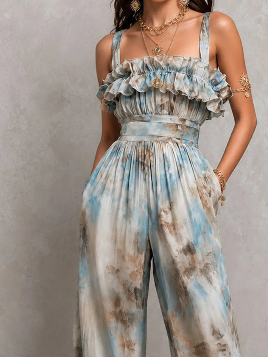 Macacão Boho Resort com Babados, Estampa Tie-Dye e Pernas Balão de Cintura Alta