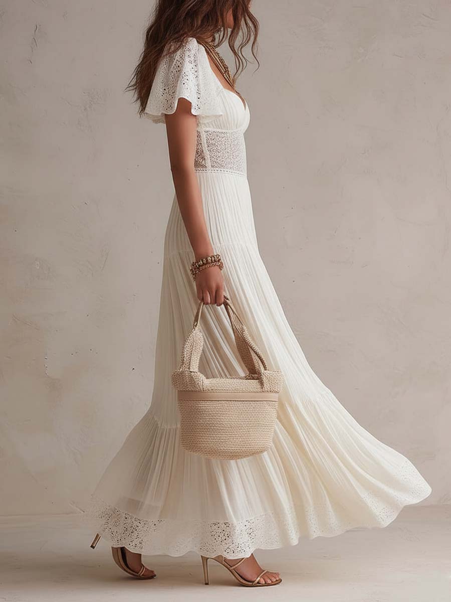 Robe longue bohème en coton et dentelle élégante vintage