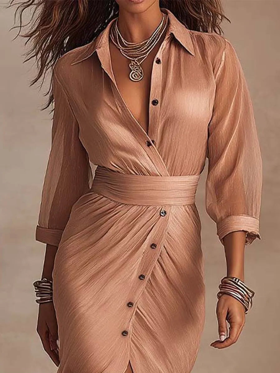 Vestido Midi Transpassado em Tencel e Linho com Estilo Casual Refinado
