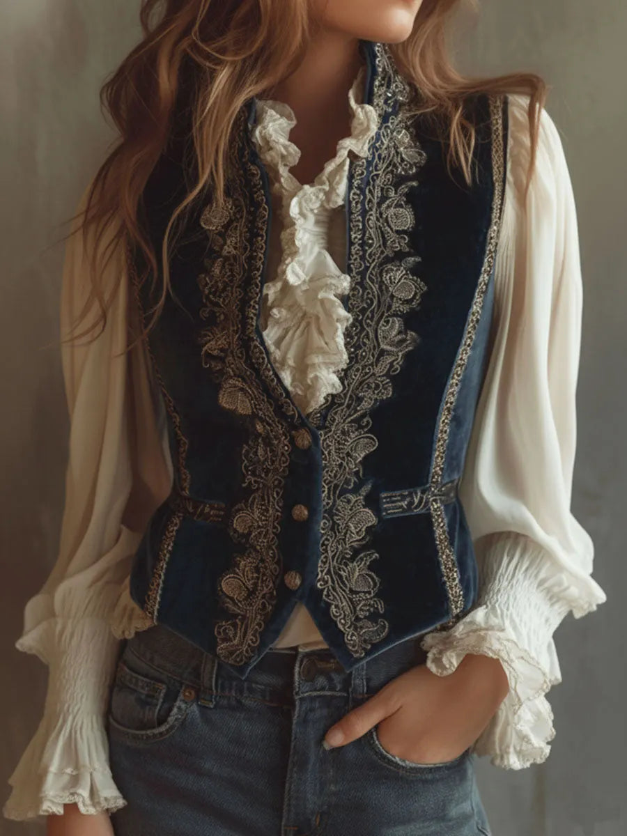 Gilet Brodé Velours Bleu Marine Baroque Vintage