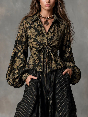 Blusa Floral Preto e Dourado com Laço na Cintura