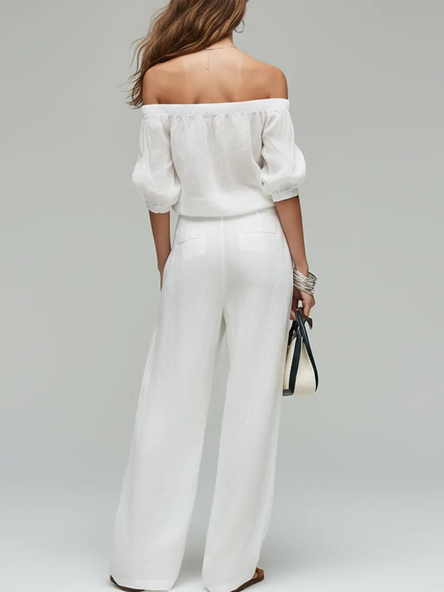 Ensemble haut court épaules dénudées et pantalon large en lin mélangé blanc