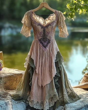 Vestido de Verão com Babados de Renda Irregular e Miçangas 9a62