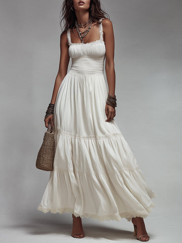 Vestido maxi de algodão com detalhes franzidos e acabamento em renda estilo boho
