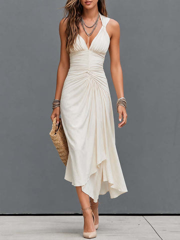Vestido Midi Boho Assimétrico com Decote V Profundo e Franzido Halter