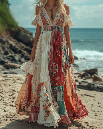 Vestido de Linho Patchwork Renda Bordada Litoral Férias de Verão 40a9
