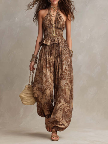 Bohemian Baroque Print Halter Top & Harem Pants Two-Piece Set