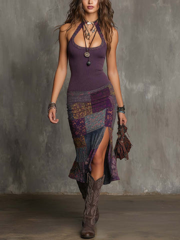 Vestido Midi Retrô de Tricô com Patchwork Floral e Gola Halter
