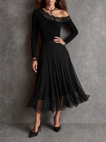 Vestido Midi Boho Romântico de Tricô de Um Ombro com Renda Preta e Saia Rodada de Chiffon