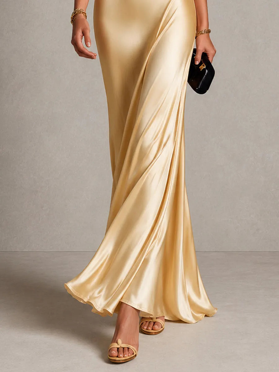 Retro Elegant Champagne Satin Halter Gown Evening Dress