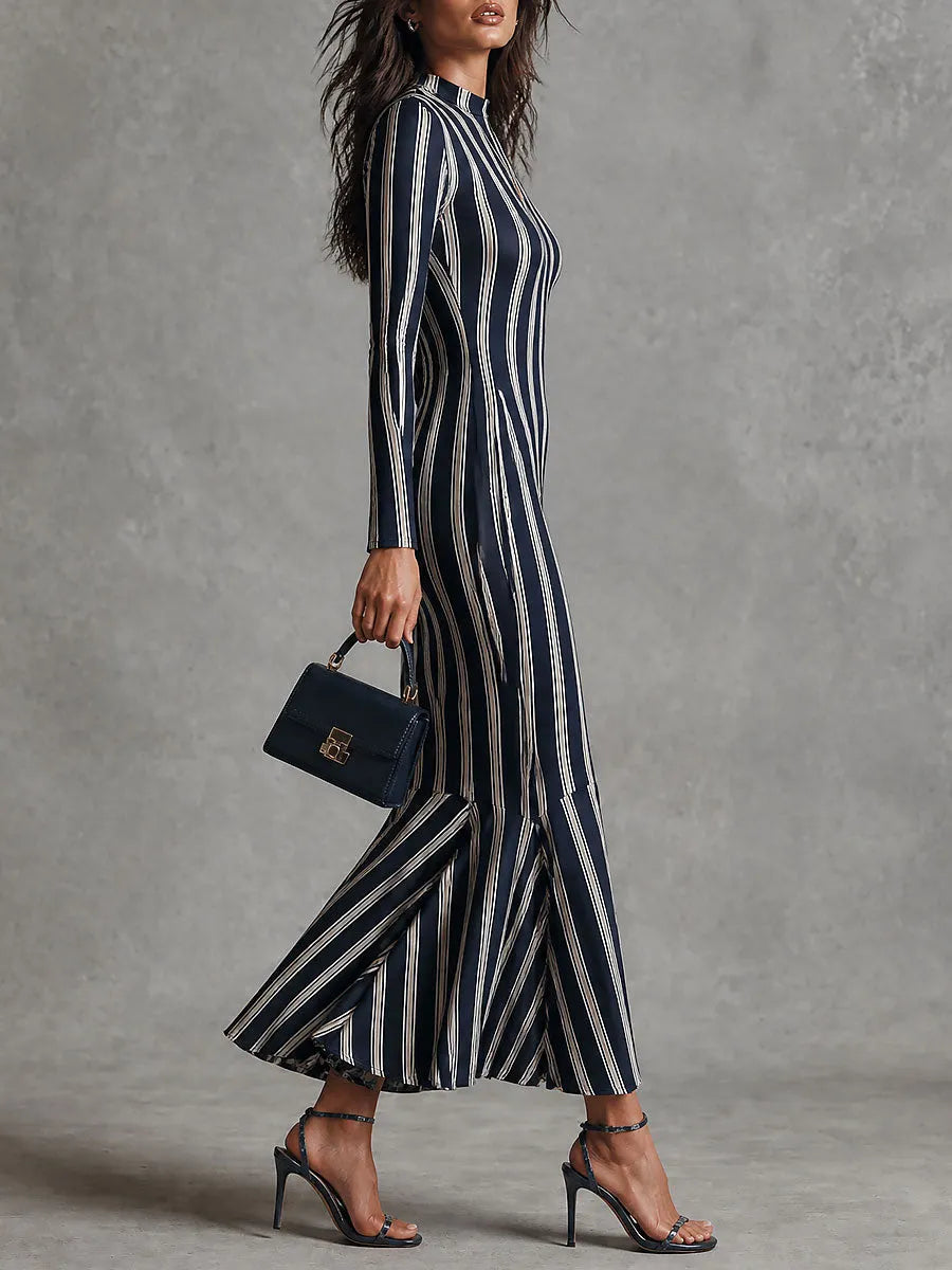 Robe longue maxi bohème rayée à col montant, manches longues et coupe sirène