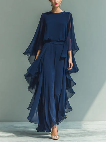 Conjunto Feminino De Blusa Azul Marinho Chiffon Com Mangas Flare E Calça Reta Com Detalhes Franzidos MDZ2218A5T