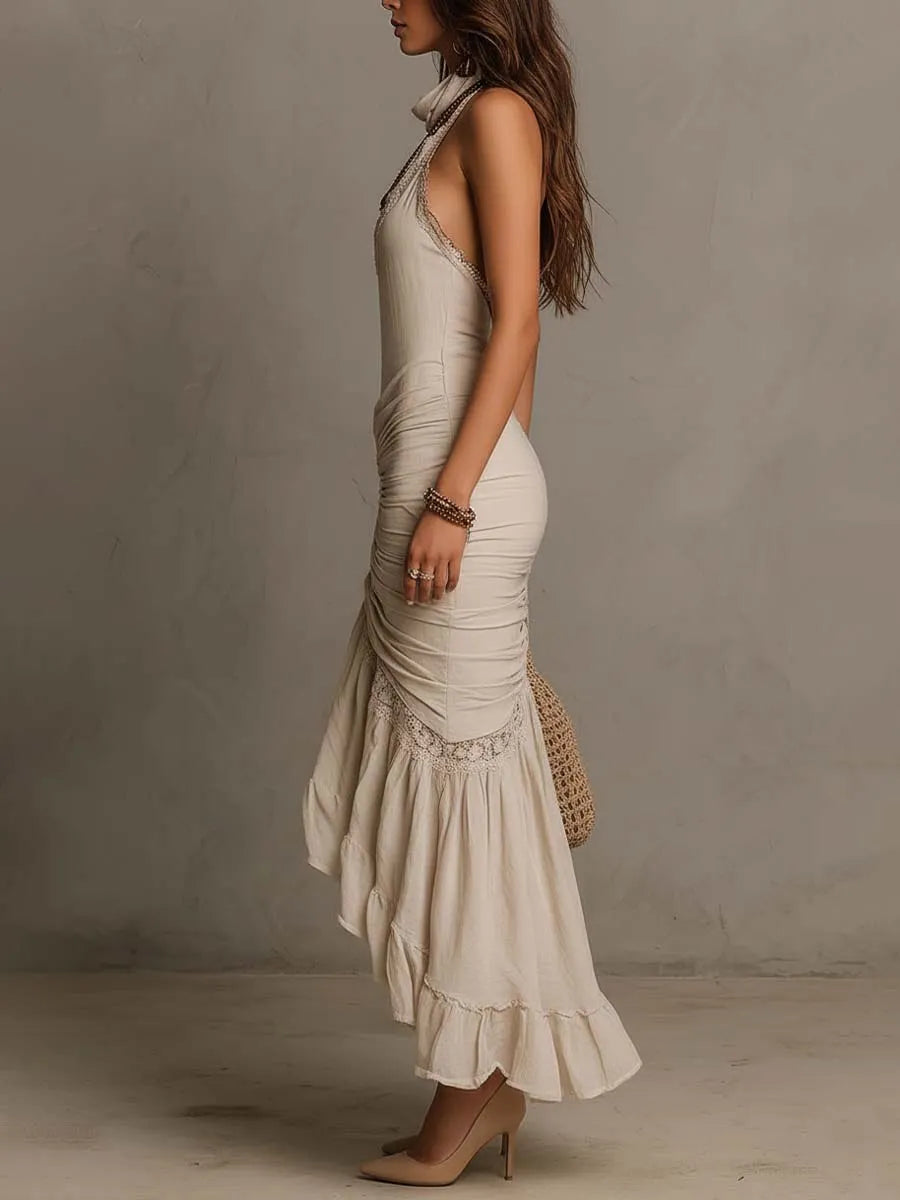 Vestido Midi Boêmio de Algodão-Linho com Alças e Renda