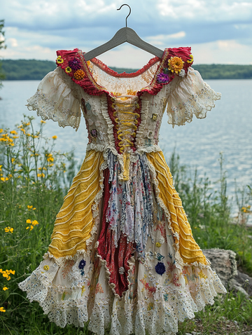Vestido de Verão com Renda Franzida e Contraste de Cores 3957