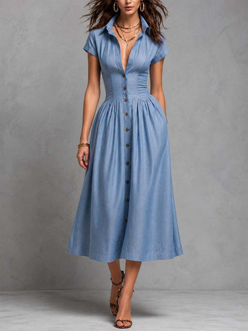 Abito camicia midi abbottonato in chambray