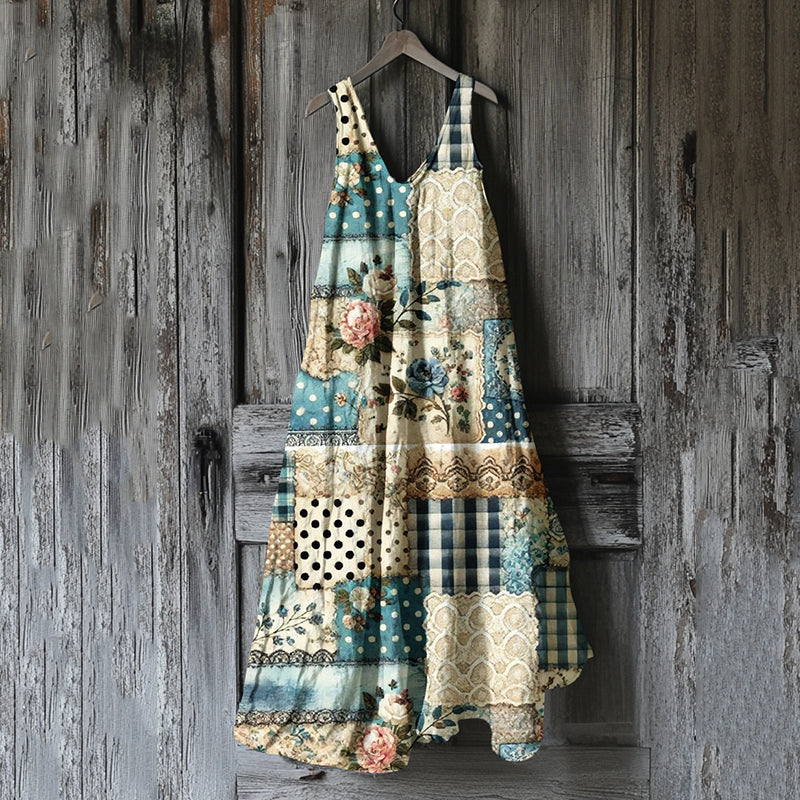Vestido Feminino Vintage Floral Patchwork Arte Linho fcdb