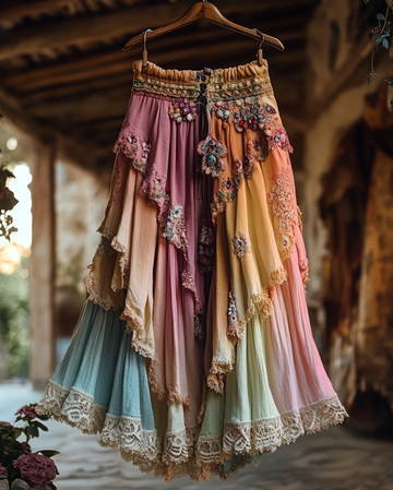 Jupe d'été à volants, dentelle et patchwork, ombrée arc-en-ciel 1d27