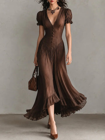 Vestido Longo Elegante de Tencel Com Mangas Bufantes e Barra Franzida