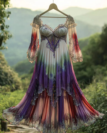 Vestido de Verão com Babados, Renda e Chiffon Contraste 58c7