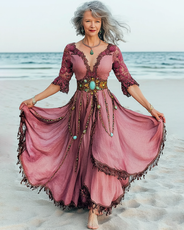 Vestido de Linho Bege de Verão com Contas Turquesa para Litoral e334