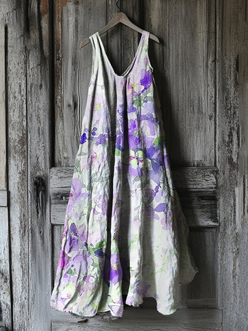 Vintage Violet Floral Art Linen Tank Dress 3f29